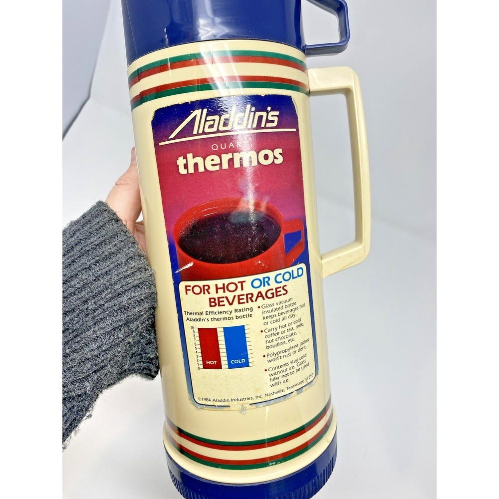 Vintage 1984 Aladdin Quart Insulated Vacuum Thermos Bottle Beige Navy 243 USA